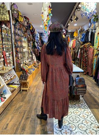 V Yaka Kol Ucu Lastikli Bohem Salaş Elbise