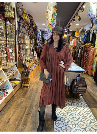 V Yaka Kol Ucu Lastikli Bohem Salaş Elbise