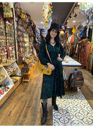 V Yaka Kol Ucu Lastikli Bohem Salaş Yeşil Elbise