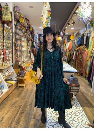 V Yaka Kol Ucu Lastikli Bohem Salaş Yeşil Elbise