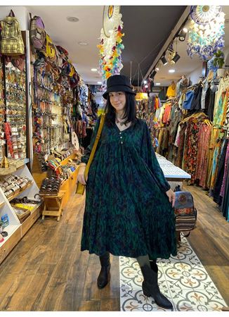 V Yaka Kol Ucu Lastikli Bohem Salaş Yeşil Elbise