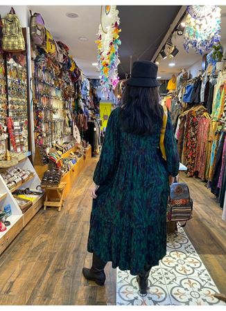 V Yaka Kol Ucu Lastikli Bohem Salaş Yeşil Elbise