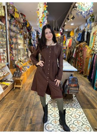 Nervürlü Yaka Dantelli Uzun Kollu Elbise