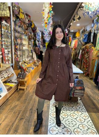 Nervürlü Yaka Dantelli Uzun Kollu Elbise