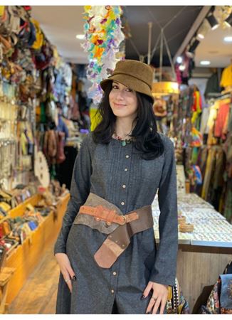 Nervürlü Yaka Dantelli Uzun Kollu Gri Elbise