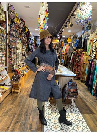 Nervürlü Yaka Dantelli Uzun Kollu Gri Elbise