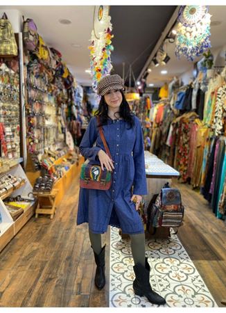 Nervürlü Yaka Dantelli Uzun Kollu Lacivert Elbise