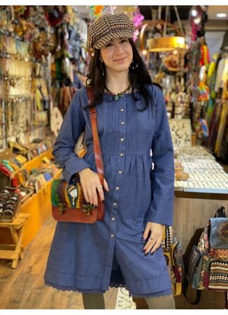 Nervürlü Yaka Dantelli Uzun Kollu Lacivert Elbise