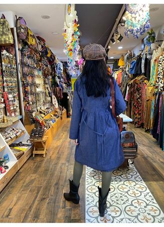 Nervürlü Yaka Dantelli Uzun Kollu Lacivert Elbise