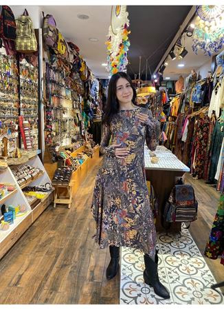 Kayık Yaka Parmak Geçmeli Kışlık Kahve Desenli Elbise