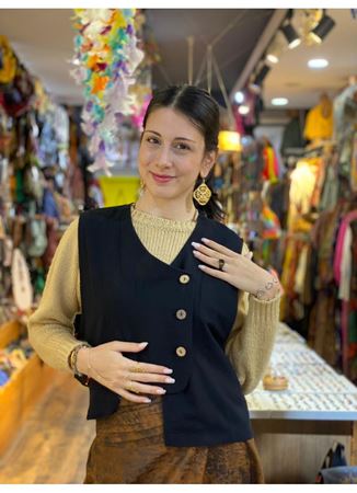 Cep Detaylı Asimetrik Kesim Bohem Yelek Siyah