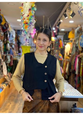 Cep Detaylı Asimetrik Kesim Bohem Yelek Siyah