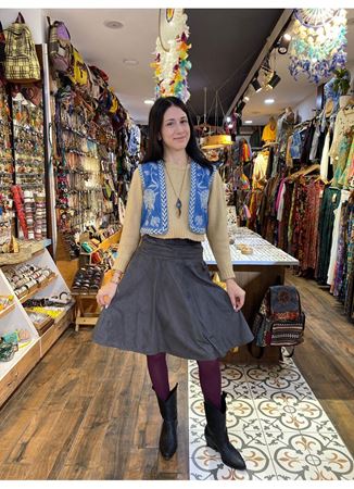 Kloş Antrasit Desenli Süet Midi Etek