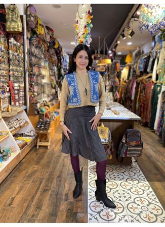 Kloş Antrasit Desenli Süet Midi Etek