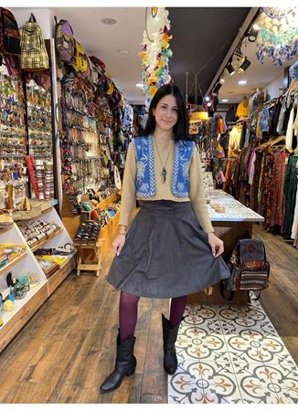 Kloş Antrasit Desenli Süet Midi Etek