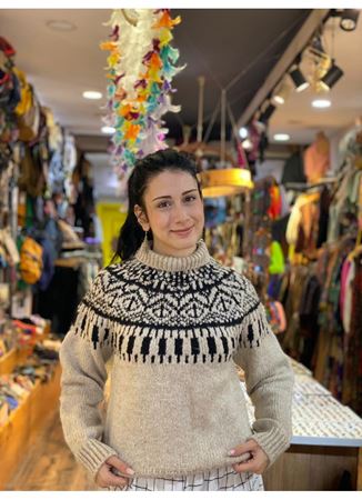 Bohem Tarz Taş Rengi Desenli Boğazlı Kazak