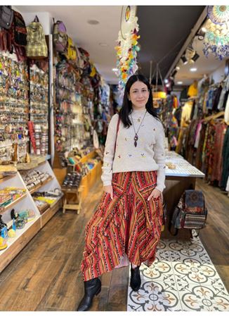 Turuncu Desenli Beli Bağcıklı Cepli Uzun Etek