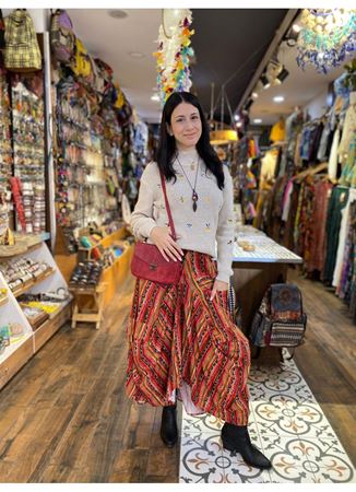 Turuncu Desenli Beli Bağcıklı Cepli Uzun Etek