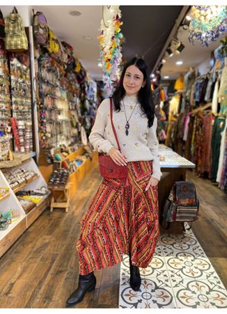 Turuncu Desenli Beli Bağcıklı Cepli Uzun Etek