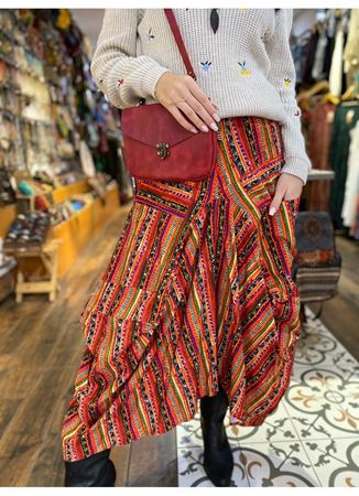 Turuncu Desenli Beli Bağcıklı Cepli Uzun Etek