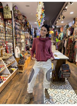 Beyaz Yandan Cepli Nepal Pantolon