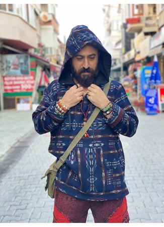 Etnik Desenli Kapüşonlu Sweatshirt Lacivert