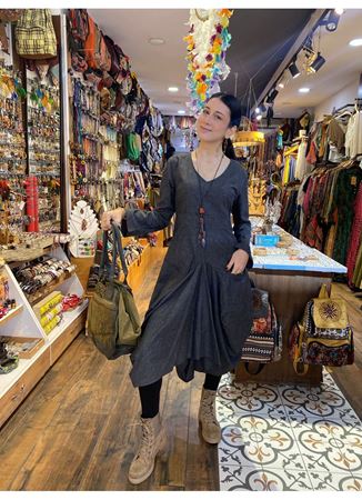 Derin V Yaka Uzun Kollu Balon Gri Elbise