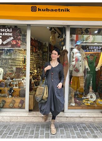 Derin V Yaka Uzun Kollu Balon Gri Elbise