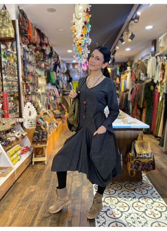 Derin V Yaka Uzun Kollu Balon Gri Elbise