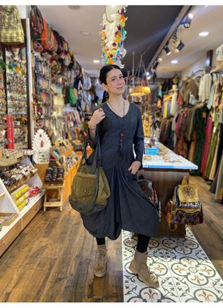 Derin V Yaka Uzun Kollu Balon Gri Elbise