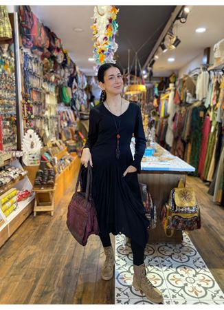 Bohem Tarz Asimetrik Kesim V Yaka Balon Elbise