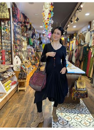 Bohem Tarz Asimetrik Kesim V Yaka Balon Elbise