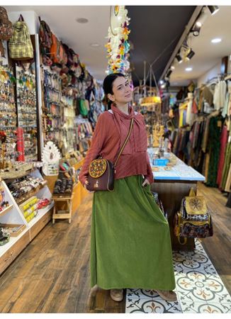 Kadife Kemerli Uzun Etek Yeşil