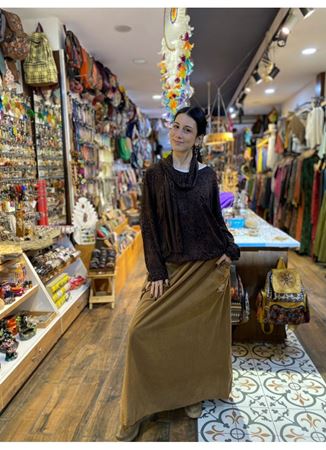 Kadife Kemerli Uzun Etek Kahverengi