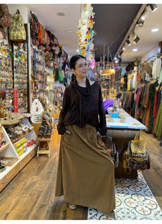 Kadife Kemerli Uzun Etek Kahverengi