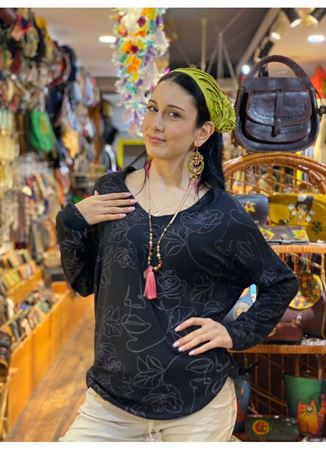 İtalyan Pamuk Bluz Desenli Siyah