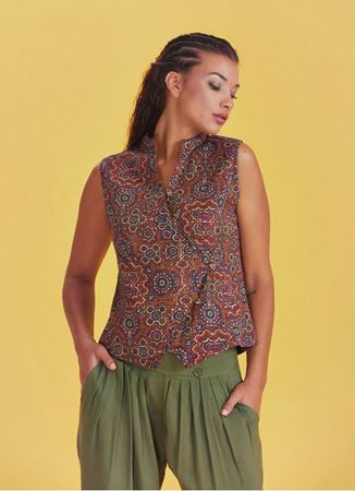  Etnik Desenli Çapraz Düğmeli Retro Bluz