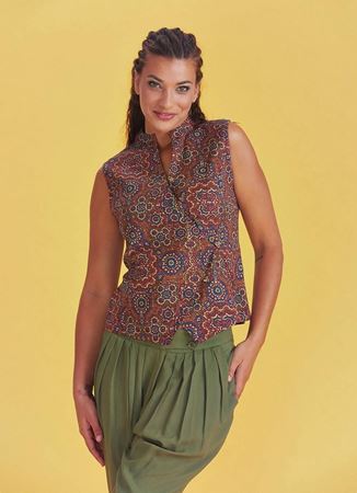  Etnik Desenli Çapraz Düğmeli Retro Bluz