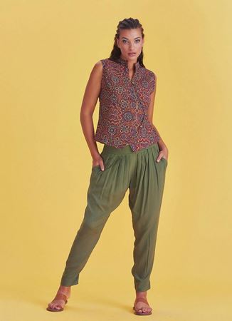  Etnik Desenli Çapraz Düğmeli Retro Bluz