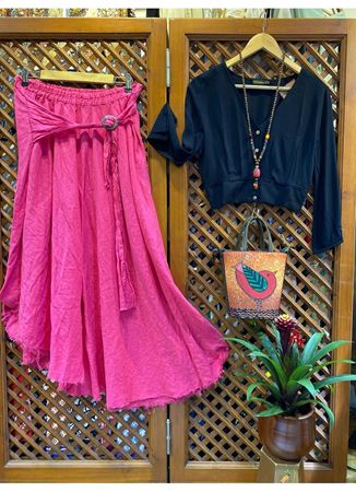 İtalyan Keten Kemer Detaylı Etek Pembe