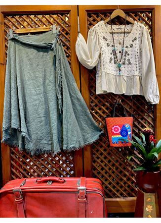 İtalyan Keten Kemer Detaylı Etek Yeşil