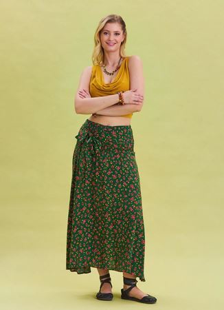 Gipe Belden Bağlamalı Yeşil Desenli Etnik Etek