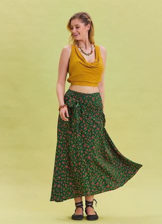 Gipe Belden Bağlamalı Yeşil Desenli Etnik Etek