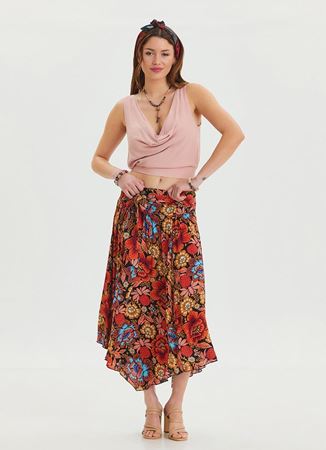 Gipe Detaylı Beli Bağlamalı Siyah Desenli Basma Etek