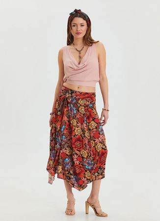 Gipe Detaylı Beli Bağlamalı Siyah Desenli Basma Etek