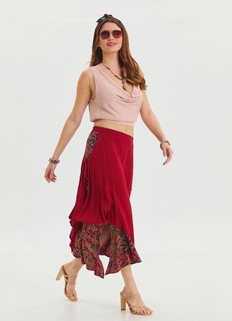 Bağlama Detaylı, Beli Lastikli Kırmızı Asimetrik Etek