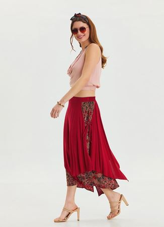 Bağlama Detaylı, Beli Lastikli Kırmızı Asimetrik Etek