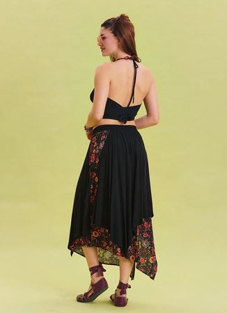 Bağlama Detaylı Beli Lastikli Siyah Yazlık Etek