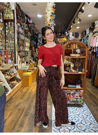 Bağlama Detaylı Beli Lastikli Siyah Desenli Etnik Pantolon