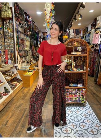 Bağlama Detaylı Beli Lastikli Siyah Desenli Etnik Pantolon